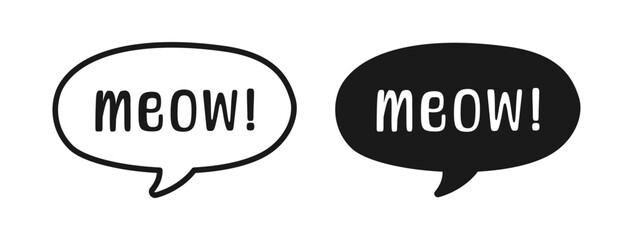 MEOW speech bubble silhouette and outline set. Cute hand drawn text quote. Animal sound doodle phrase. Vector illustration for print on shirt, card, poster etc.
