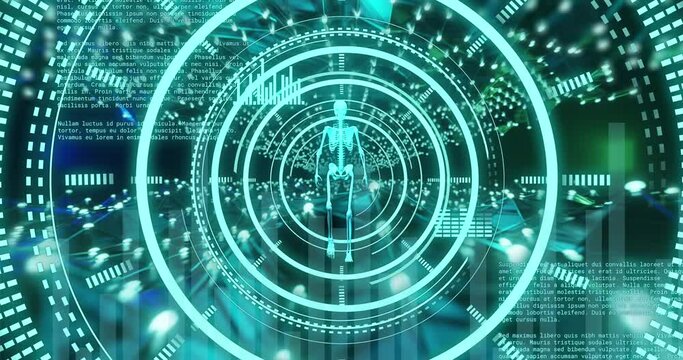 Animation of blue scope, skeleton and data processing over glowing blue lights