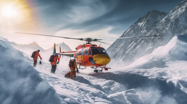 Rescue helicopter rescues climbers on snow trapped and cold mountains. Generative AI