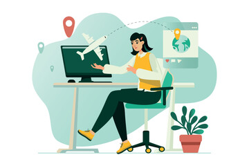 Travel agency concept with people scene in the flat cartoon style. An employee of a travel agency selects tours for clients. Vector illustration.