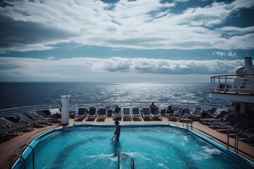 An infinity pool on a cruise ship, with passengers relaxing on deck chairs and the open ocean in the distance . Generative AI. 