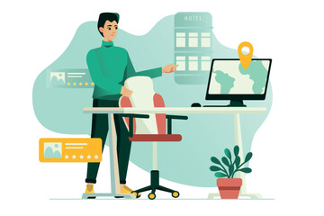 Hotel booking concept with people scene in the flat cartoon design. A man books a hotel room online. Vector illustration.