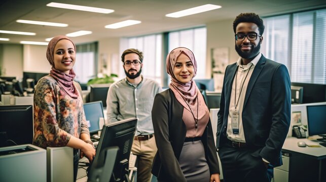 An office space that celebrates diversity with employees from different cultures, genders, and backgrounds working together harmoniously . Generative AI. 