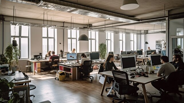 An office space that celebrates diversity with employees from different cultures, genders, and backgrounds working together harmoniously . Generative AI. 