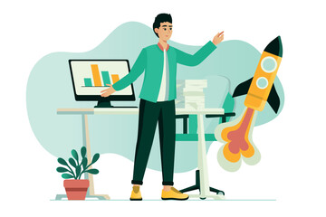 Startup presentation concept with people scene in the flat cartoon design. A businessman presents his business idea for development. Vector illustration.