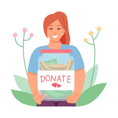Young smiling volunteer holding jar with coins. Information poster with appeal to donate money. Help and care for people in need concept. Flat vector illustration in green and blue colors