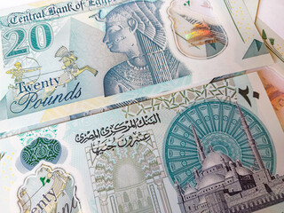 Egypt's new polymer 20 Egyptian pound banknote with Cleopatra’s statue along with the pharaonic military chariot and Mohamed Ali mosque