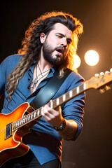 Obraz premium A handsome musician playing guitar and singing in concert. (AI-generated fictional illustration) 