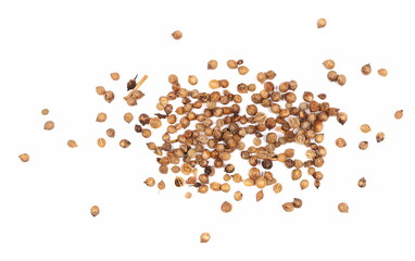 Coriander seeds macro isolated on white background, top view 