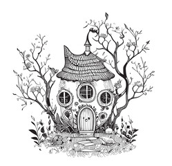 Fairy house in the woods sketch hand drawn in doodle style Vector illustration