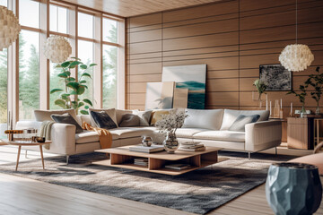 Modern living room with big window, super photo realistic background. Generative ai illustration