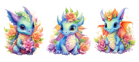 Cute Fairy Dragon, Watercolor Floral Dragon. Generative AI