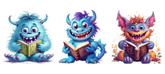 Cute Happy Monster Reading book. Generative AI