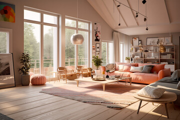 Fototapeta premium Modern living room with big window, super photo realistic background. Generative ai illustration