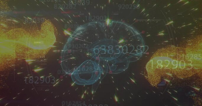 Animation of brain and data processing over glowing yellow particles and lights