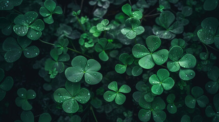 A photo of a bunch of clover leaves surrounded by drops of rainwater, in the style of dark emerald and light emerald. Generative AI.