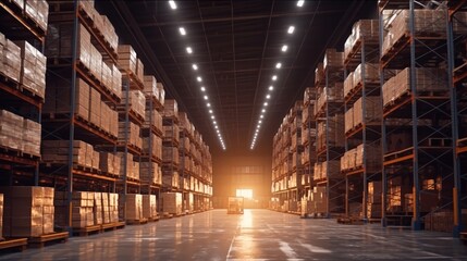 Naklejka na ściany i meble Warehouse with racks and shelves, filled with wooden boxes on pallets, Distribution products, Warehouse industrial and logistics companies, Commercial warehouse.