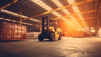 Obraz premium High Rack Stacker Forklift In Warehouse Row in huge distribution warehouse.