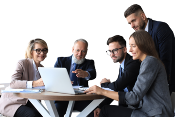 Business team working on laptop to check the results of their work on a transparent background