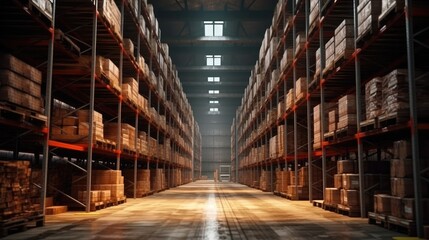 Fototapeta premium Distribution warehouse with high shelves, Logistics, Logistics Business, Interior large warehouse with freight stacked high.