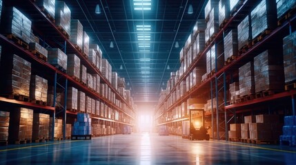 Warehouse with racks and shelves, filled with wooden boxes on pallets, Distribution products, Warehouse industrial and logistics companies, Commercial warehouse. - obrazy, fototapety, plakaty