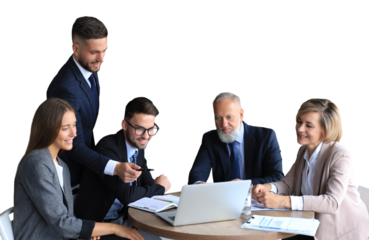 Business team working on laptop to check the results of their work on a transparent background