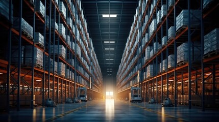 Fototapeta premium Distribution warehouse with high shelves, Logistics, Logistics Business, Interior large warehouse with freight stacked high.