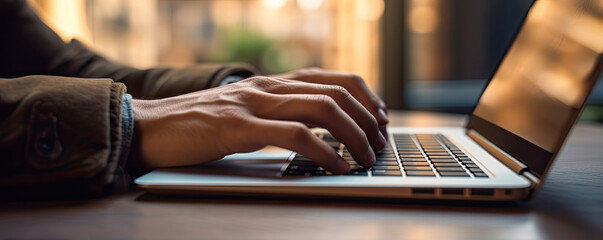 Closely. The hands of a businessman type on the laptop keyboard. generative ai