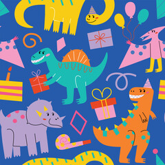 Dinosaurs birthday party. Hand drawn seamless pattern with tyrannosaurus and reptiles. Colored ornament of birthday cake, gifts, hats icons, vector illustrations of smiling raptors at party