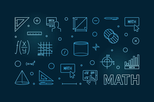 Math vector concept blue banner. Math horizontal modern illustration in outline style
