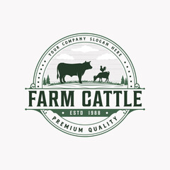 Livestock, Cattle, cow farm vector illustration classic retro vintage logo design
