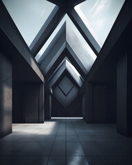 An abstract modern building with a unique triangular roof and minimal design. Its clean lines and geometric shapes make it stand out from the crowd. 