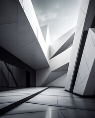 A modern white building with a sleek triangular design stands tall. Its abstract minimal architecture is a marvel to behold, captivating all who pass by.