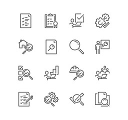 Set of inspection related icons, testing, examination, check, verification, service and linear variety vectors.