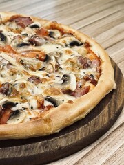 pizza on a wooden board