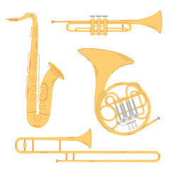 Various gold brass woodwind music instrument isolated on white background. Colored flat vector illustration.