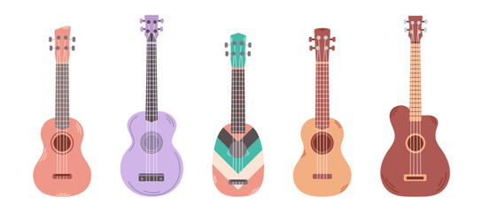 Colored set of various ukulele guitars isolated on white background. String acoustic musical instrument. Vector flat cartoon illustration.