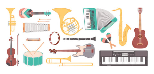 Group of various musical instruments isolated on white background. Strings, percussion, wind musics instrument. Flat cartoon vector illustration - obrazy, fototapety, plakaty