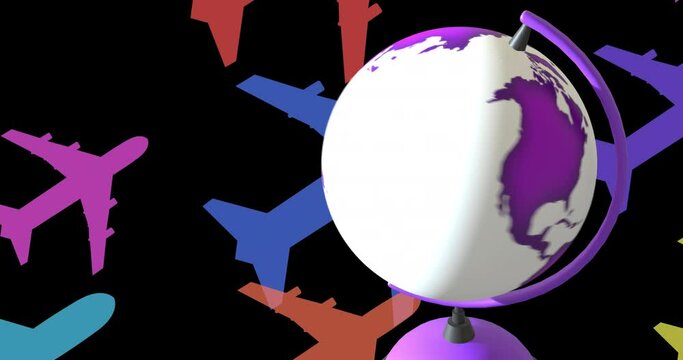 Animation of globe spinning over purple multi coloured airplanes on black background