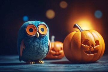 Fototapeta premium cute owl with Halloween pumpkin in the night scene