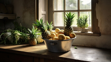 pineapples and lemons in a bowl on a window sie with sunlight shining through the windowsill