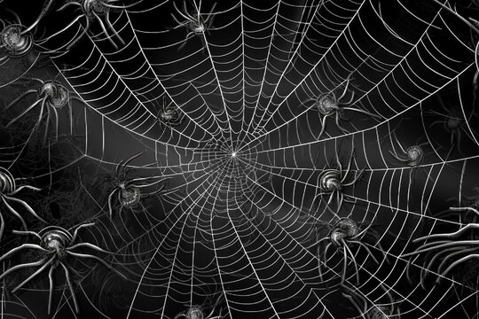 web spiders and spiders on a black chalk board background