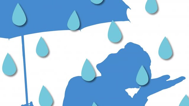 Animation of rain drops falling over blue man with umbrella silhouette