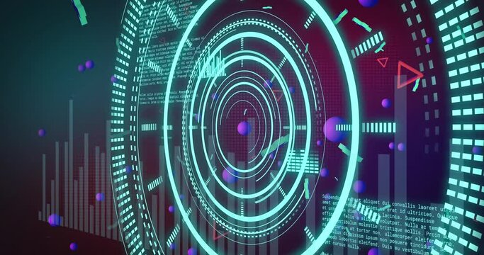 Animation of blue scope and 3d shapes over data processing on dark background