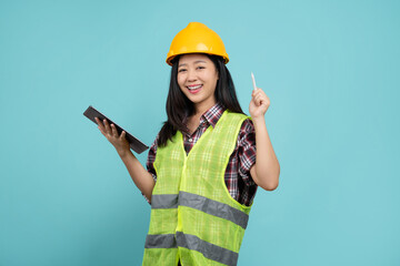 Happy Asian woman engineer and safety helmet with tablet isolated on white background.