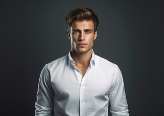 Fototapeta premium a young man in a white shirt posing in front of gray backgrounds with Generative AI