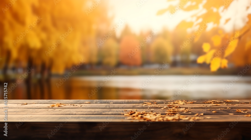 Wall mural Autumn background, close up of old empty wooden table over the lake with trees and leaves with copy space.Created with Generative AI technology.