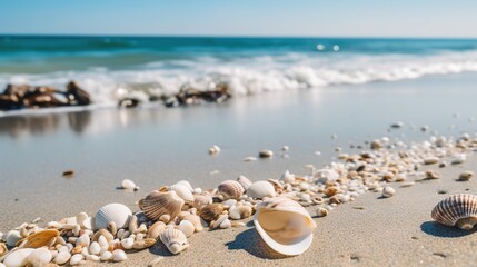 Fototapeta na wymiar Seashells Sitting on the Beach at Ocean Sunset as a Gentle Wave Rolls to Shore. Generative ai.