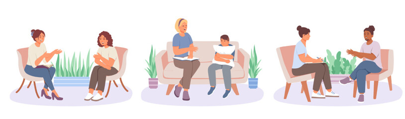 Appointment with psychologist. Set of people talking with doctor. Emotional support and consultation for child. Multicultural patients listening medical worker. Vector flat illustration