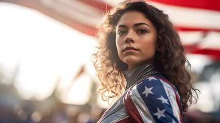 Naklejka premium Young woman in front of american flag.Created with Generative AI technology.
